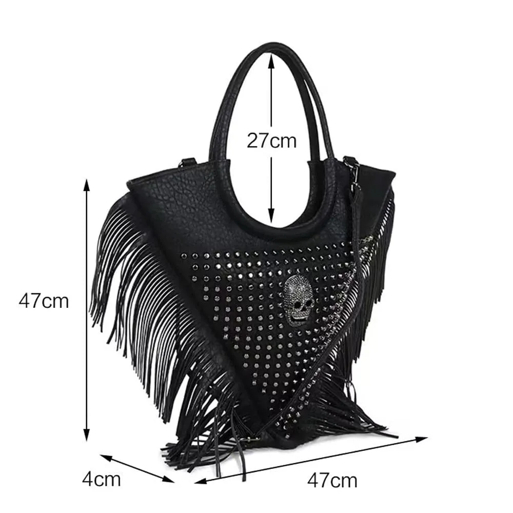 Fashion Punk Bags Women Skull Tote Bag Rivet Studded Trangle Bag Fringe Tote Bag Large