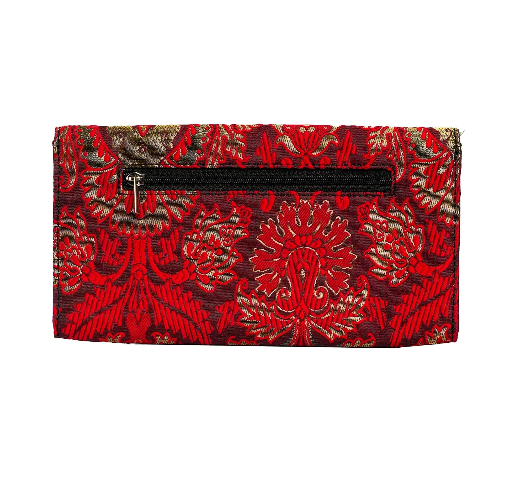 Faux Leather and Red jacquard Fusion: Wholesale Edgy Skull-Studded Clutch