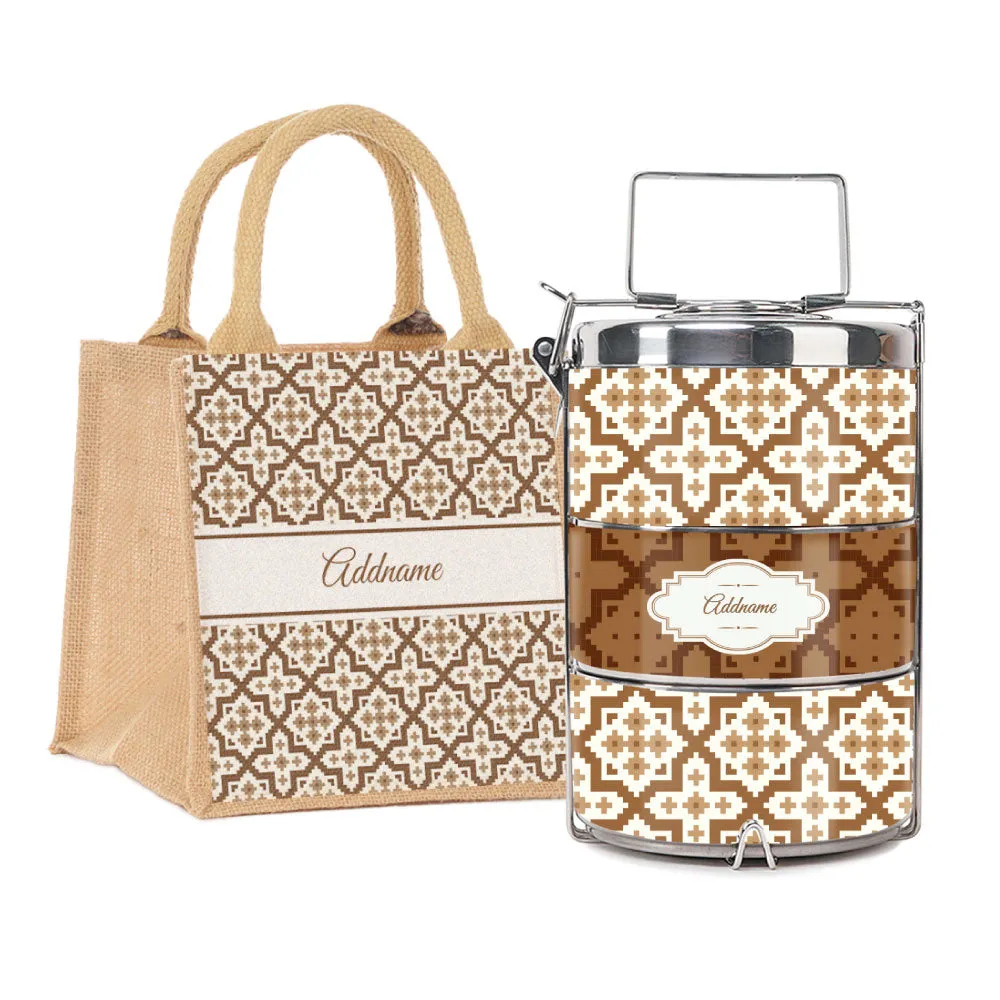 Flora Motif Moroccan & Mosaic Series 3-Tier Premium Medium 13.5cm Tiffin Carrier [FREE Custom Add Name]