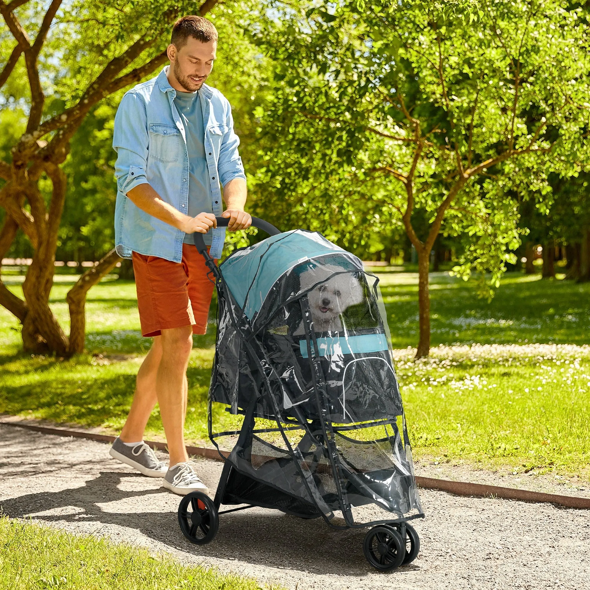 Foldable Pet Stroller with Rain Cover for XS and S-Sized Dogs Green