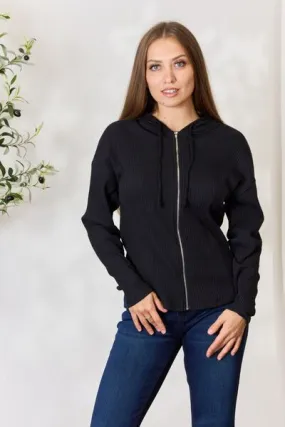 Full Size Ribbed Zip Up Drawstring Hooded Jacket