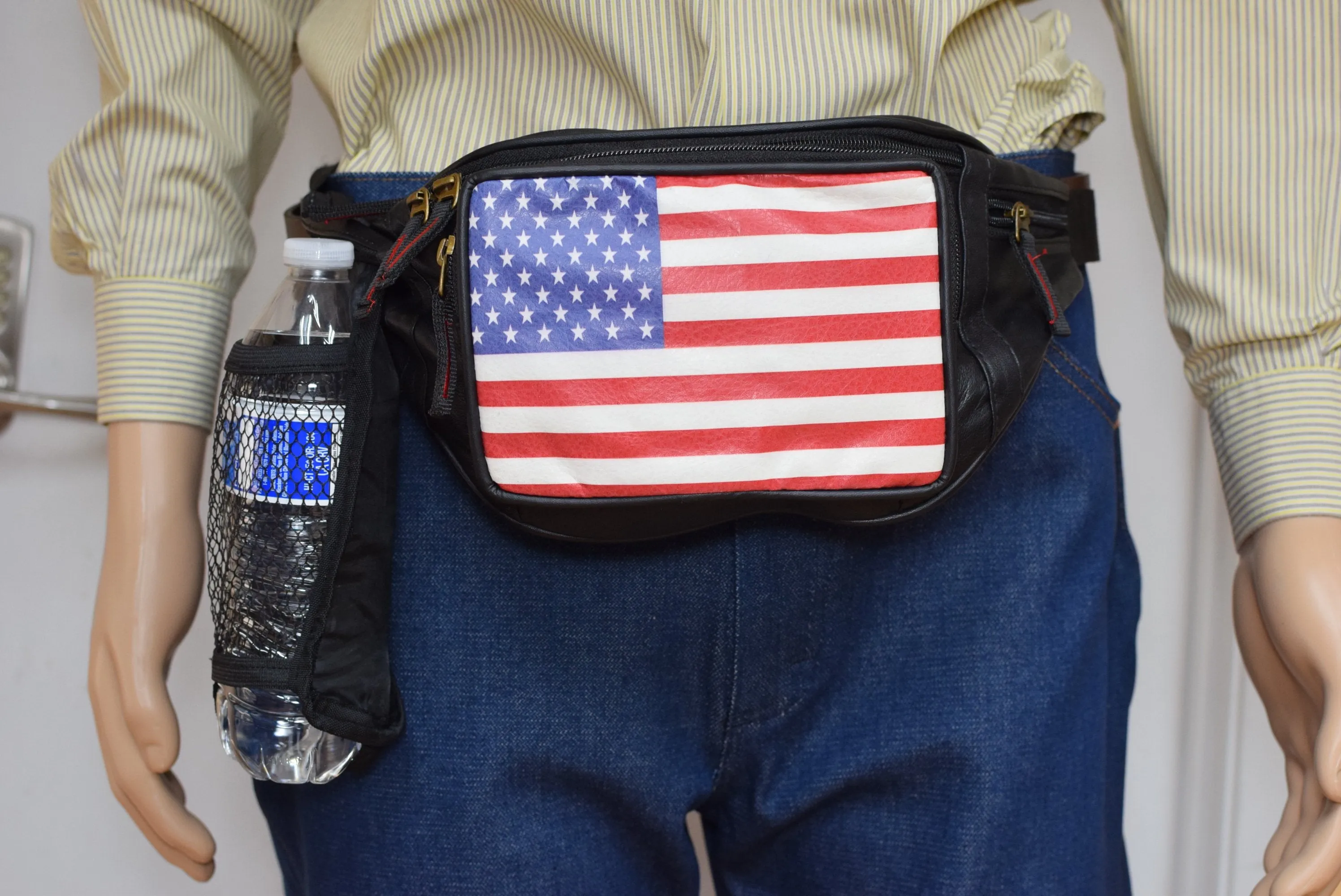 Genuine Leather USA Flag Fanny Pack with Bottle Holder, America Stars & Stripes Waist Bag 050USA