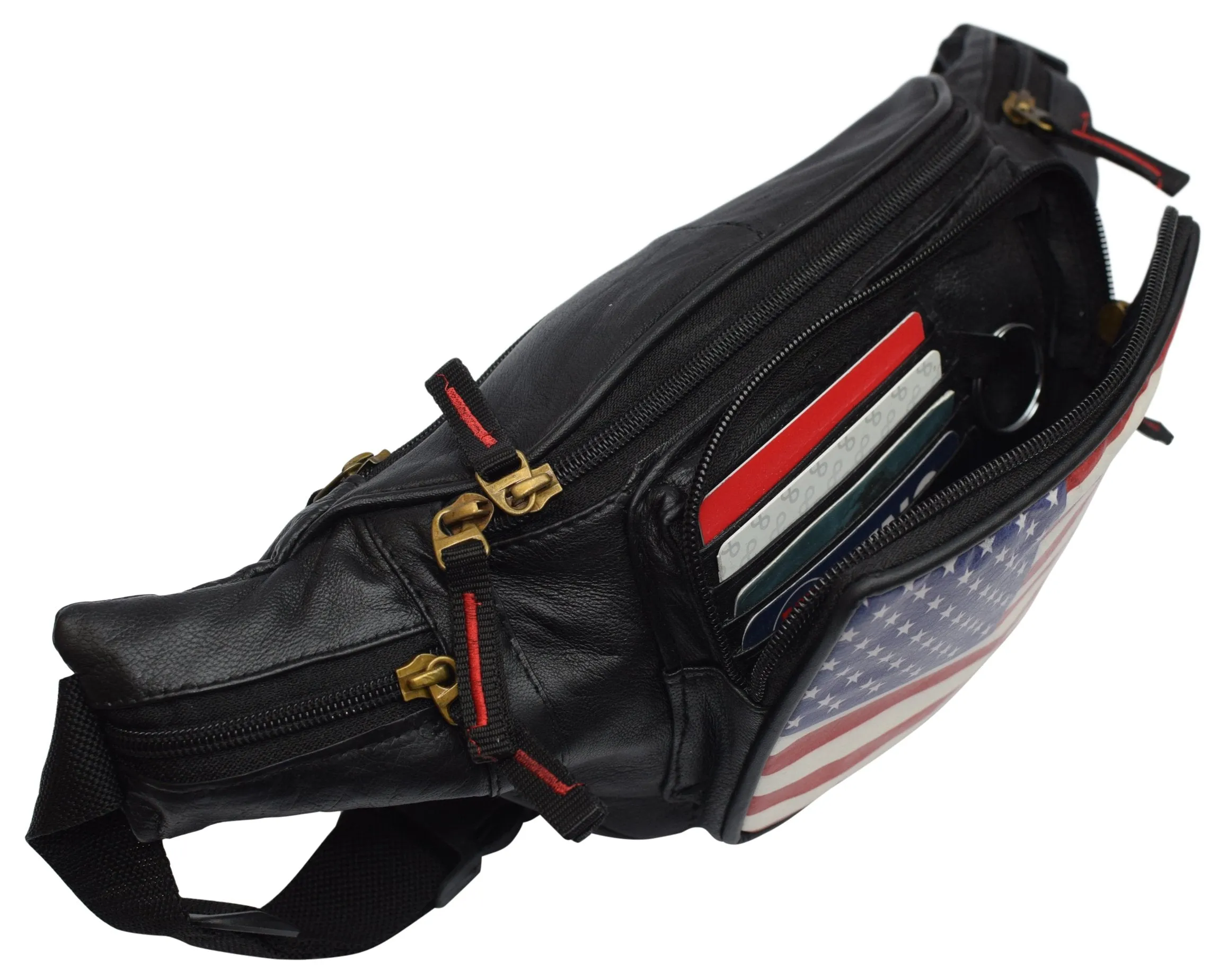 Genuine Leather USA Flag Fanny Pack with Bottle Holder, America Stars & Stripes Waist Bag 050USA