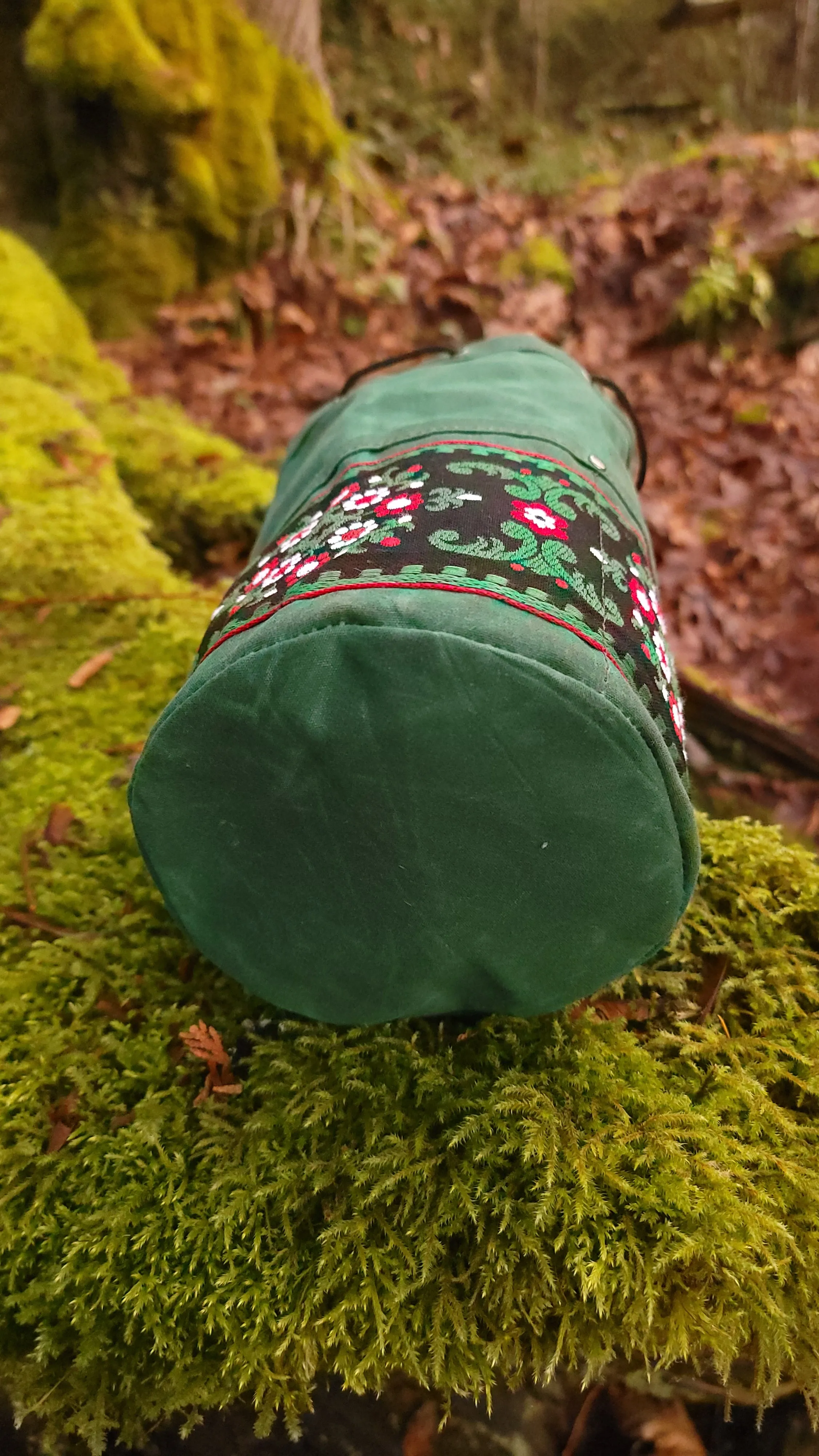 Green Cedar Bucket Bag with Vintage Trim on Outside Pockets