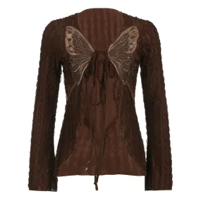 Grunge Fairycore y2k Brown Autumn Tee Shirts Vintage Butterfly Embroidery Tie Up Top Cardigan Chic Shirred Aesthetic