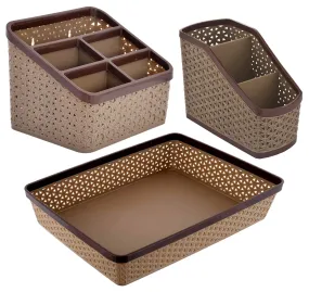 Heart Home Plastic 2 Pieces Small & Large Compact and 1 Piece Stationary Office Tray Desk Organizer Container(Set of 3, Brown)- HEART7357