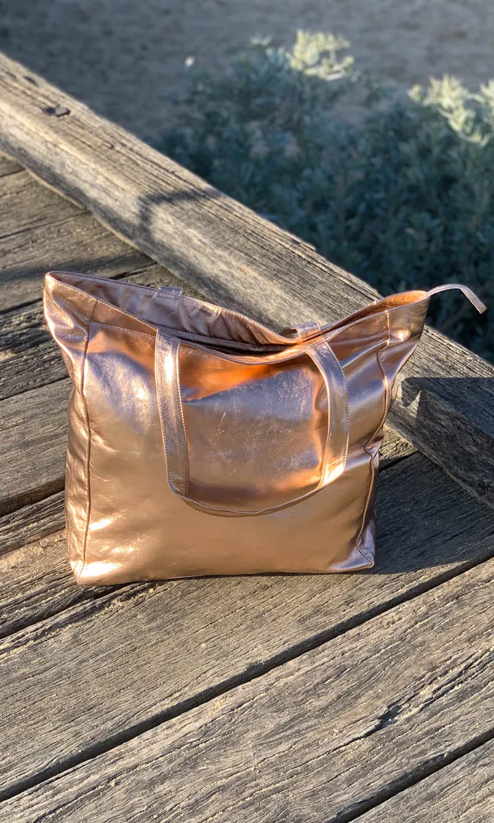 Hoss Metallic  Rose Gold Leather Tote