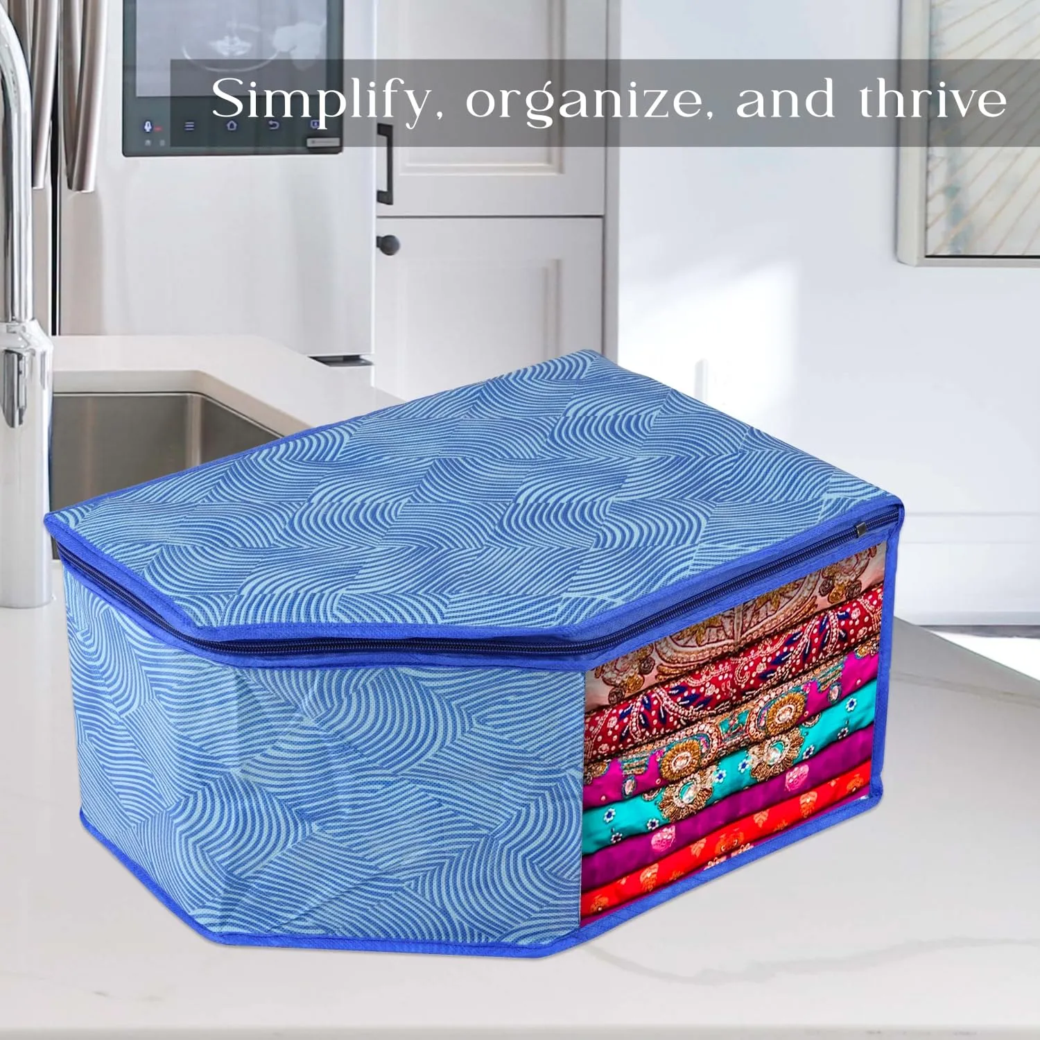 Kuber Industries Blouse Cover | Clothes Storage Bag | Zipper Wardrobe Organizers | Non-Woven Clothes Organiser | Side Transparent Blouse Organizer | Lahariya-Design | Pack of 6 | Blue