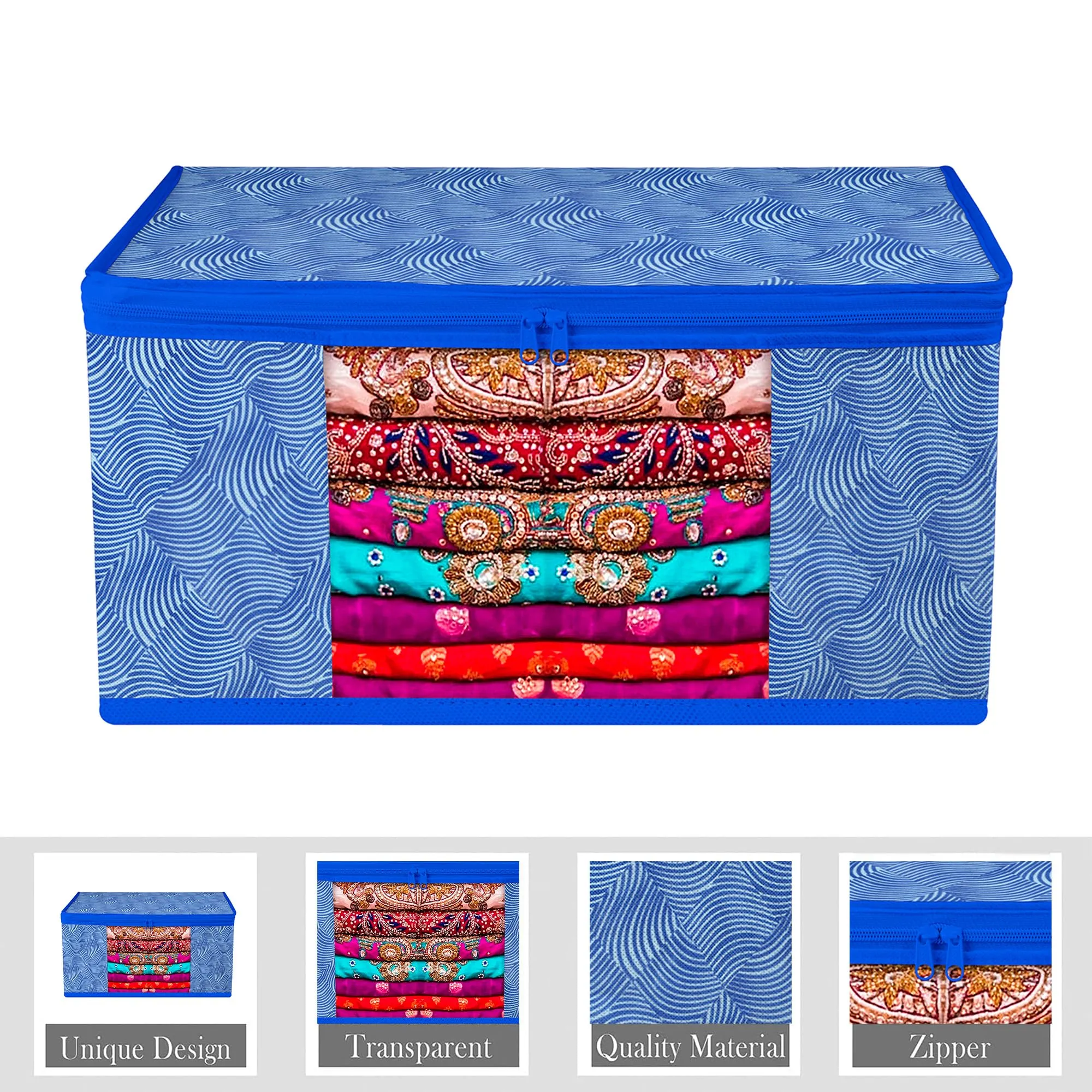 Kuber Industries Saree Cover & Blouse Cover Set | Saree & Blouse Organizer Combo Set | 2 Pieces Blouse & 2 Pieces Saree Cover Set | Zipper Closure | Lahariya-Design | Set of 4 | Blue