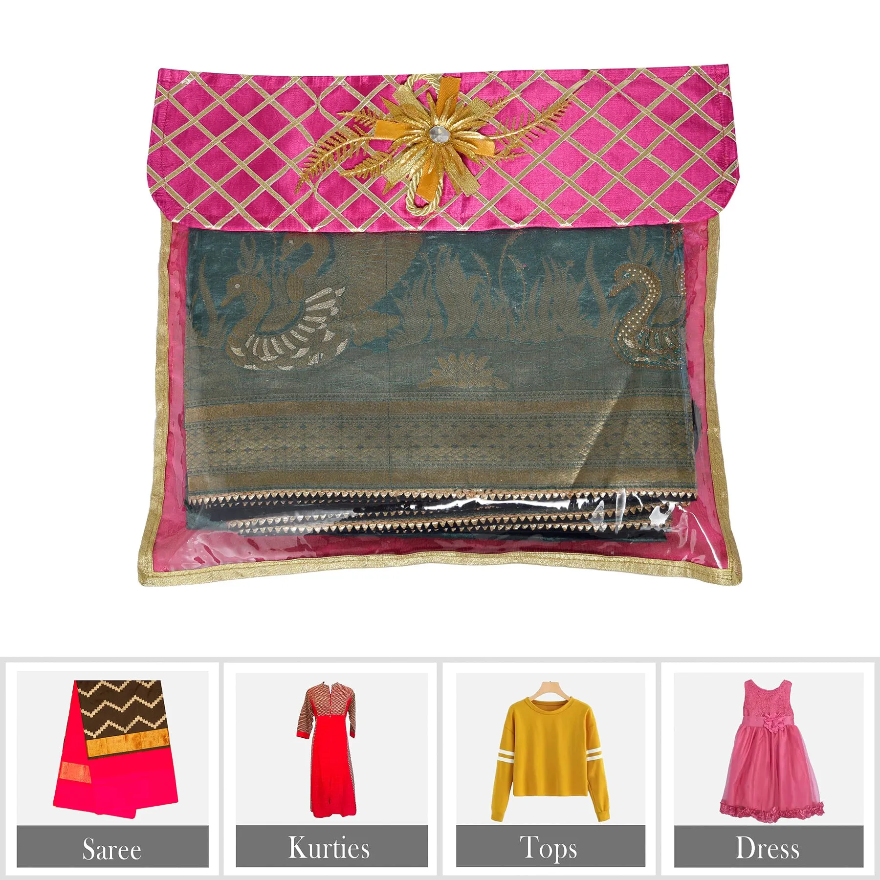 Kuber Industries Saree Cover | Clothes Storage Bag | Single Packing Saree with Velcro | Wardrobe Organizer | Cloth Stoarge Organizer | Check Jama Brooch-Design | Pack of 9 | Pink