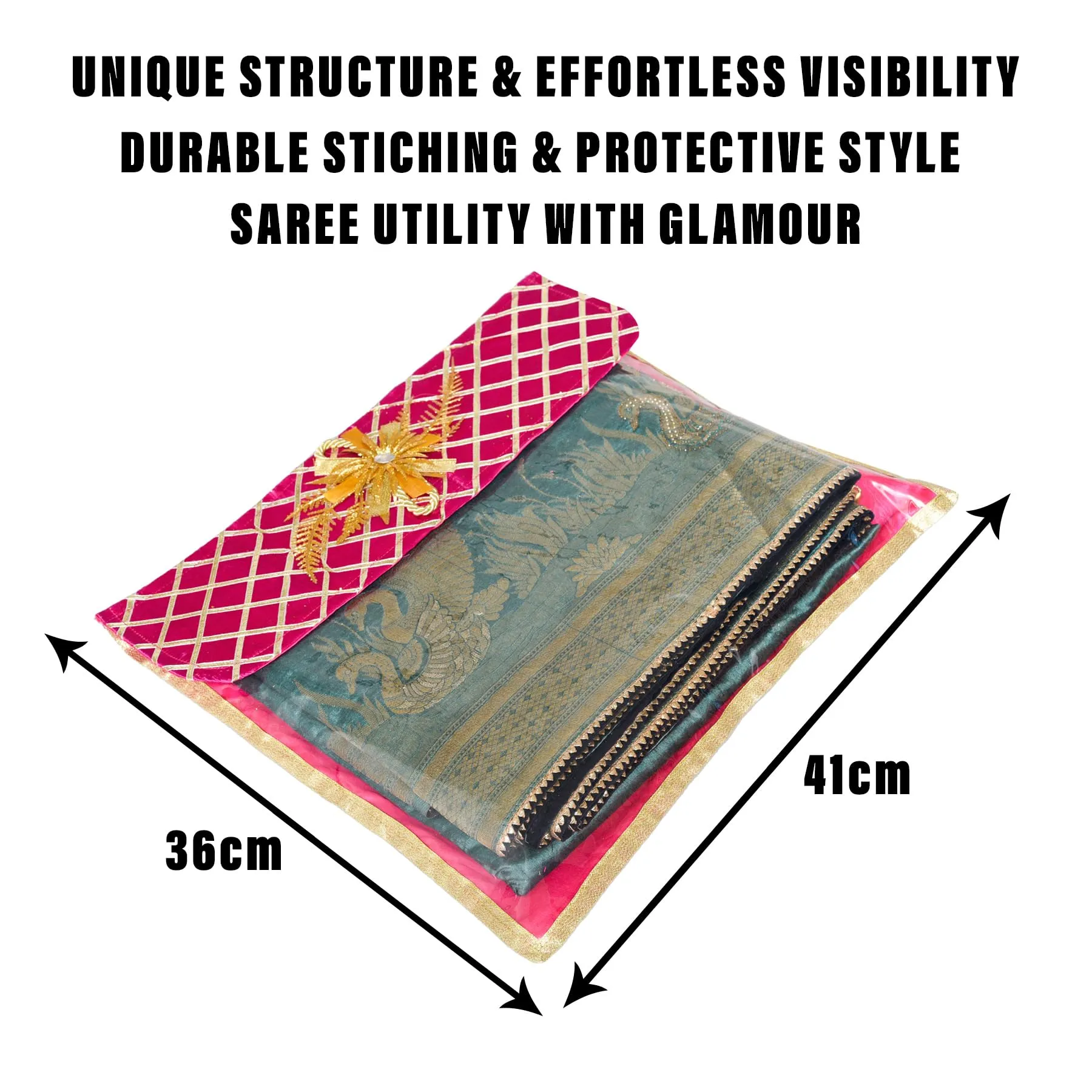 Kuber Industries Saree Cover | Clothes Storage Bag | Single Packing Saree with Velcro | Wardrobe Organizer | Cloth Stoarge Organizer | Check Jama Brooch-Design | Pack of 9 | Pink