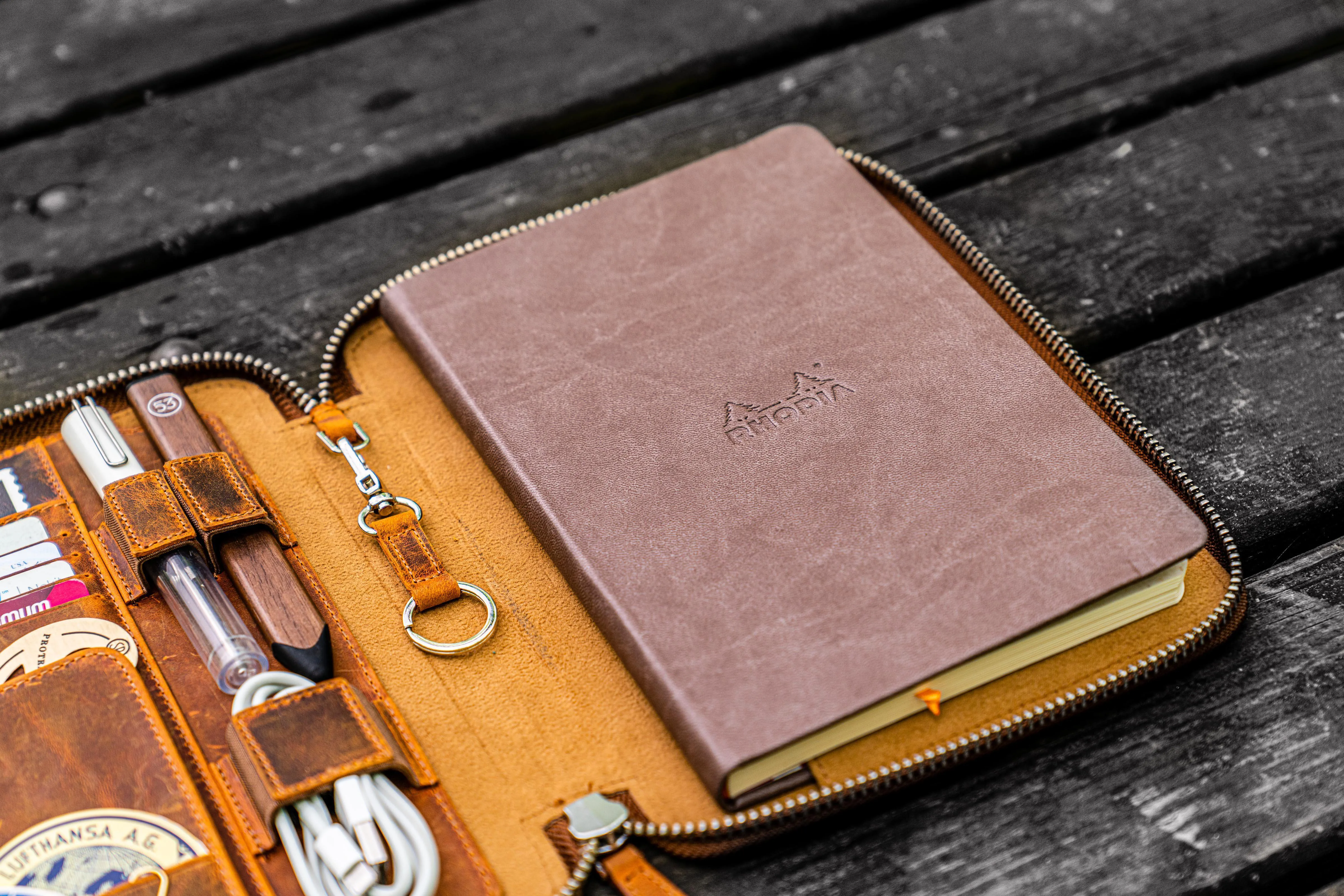 Leather Zippered Rhodia A5 Notebook & iPad Mini Folio - Crazy Horse Brown