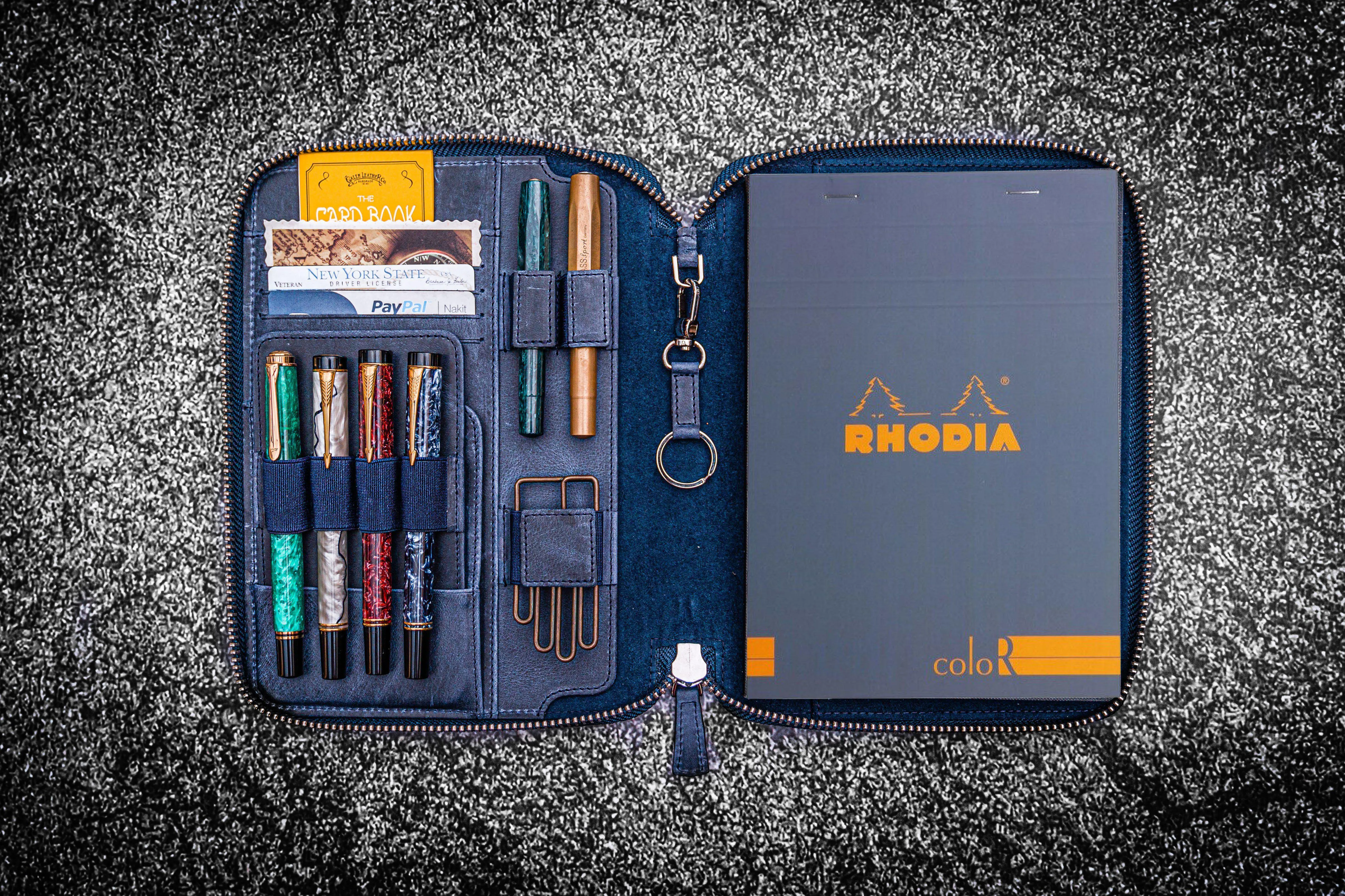 Leather Zippered Rhodia A5 Notebook & iPad Mini Folio - Crazy Horse Navy Blue