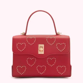 LULU RED GOLD STUDDED HEARTS LIP TURNLOCK QUEENIE HANDBAG