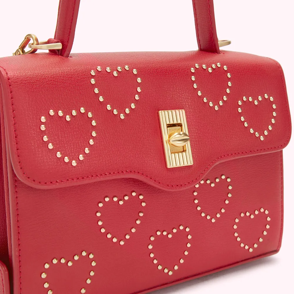 LULU RED GOLD STUDDED HEARTS LIP TURNLOCK QUEENIE HANDBAG