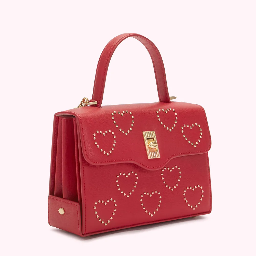 LULU RED GOLD STUDDED HEARTS LIP TURNLOCK QUEENIE HANDBAG