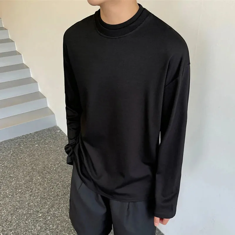 Male T-shirt Summer New Fashion Round Neck Double Collar Long Sleeve Casual Solid Color Loose Simple Men Clothing 9C5783