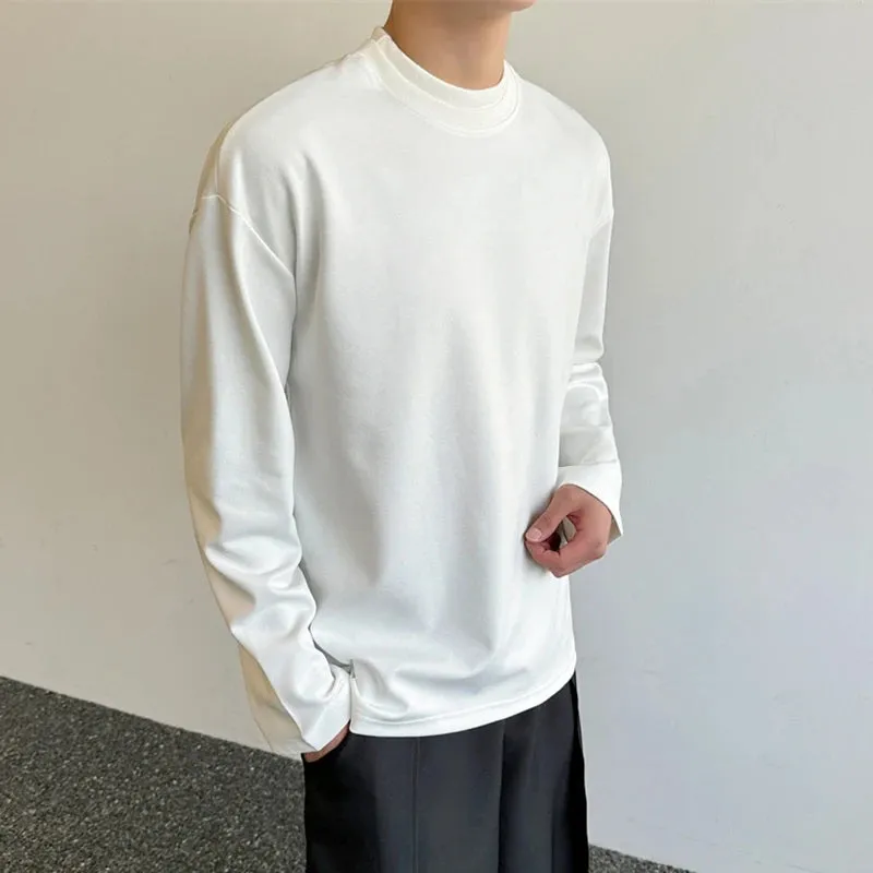 Male T-shirt Summer New Fashion Round Neck Double Collar Long Sleeve Casual Solid Color Loose Simple Men Clothing 9C5783