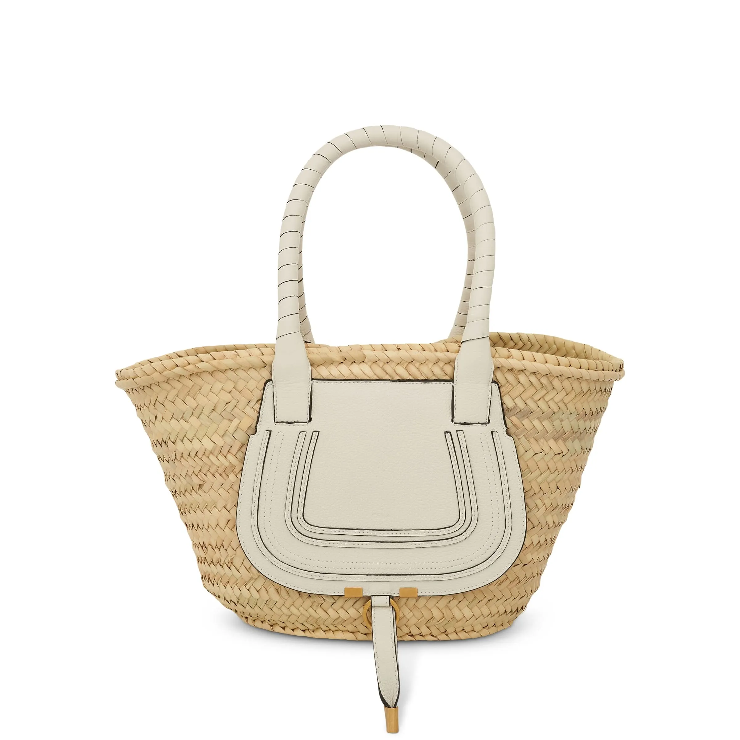 Medium Marcie Basket Bag in Raffia & Calfskin in White