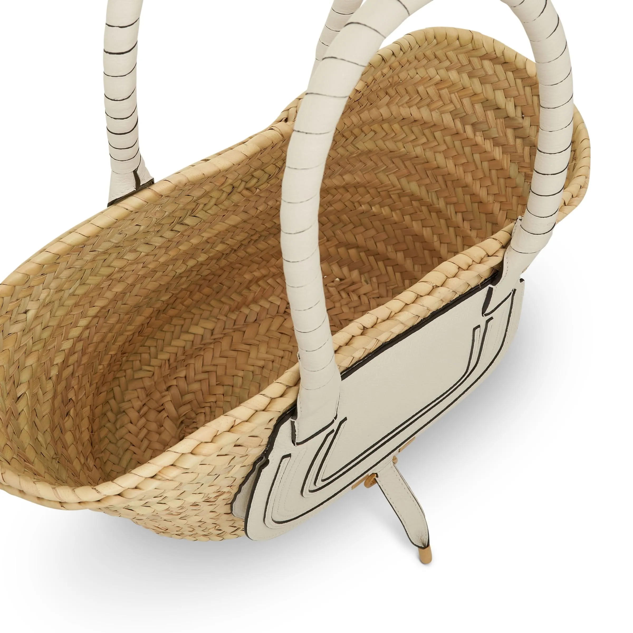 Medium Marcie Basket Bag in Raffia & Calfskin in White