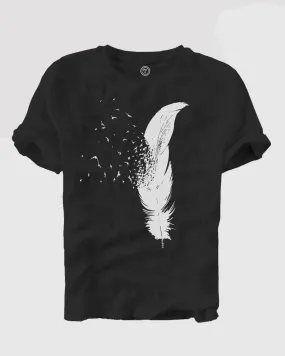 Men Feather Printed Black Half Sleeve Round Neck T-shirt