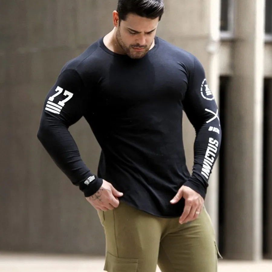 Men Skinny Long Sleeve Shirt Spring Casual Fashion Print T-Shirt Male Gym Fitness Black Tee Tops Quick Dry Bodybuilding Clothing