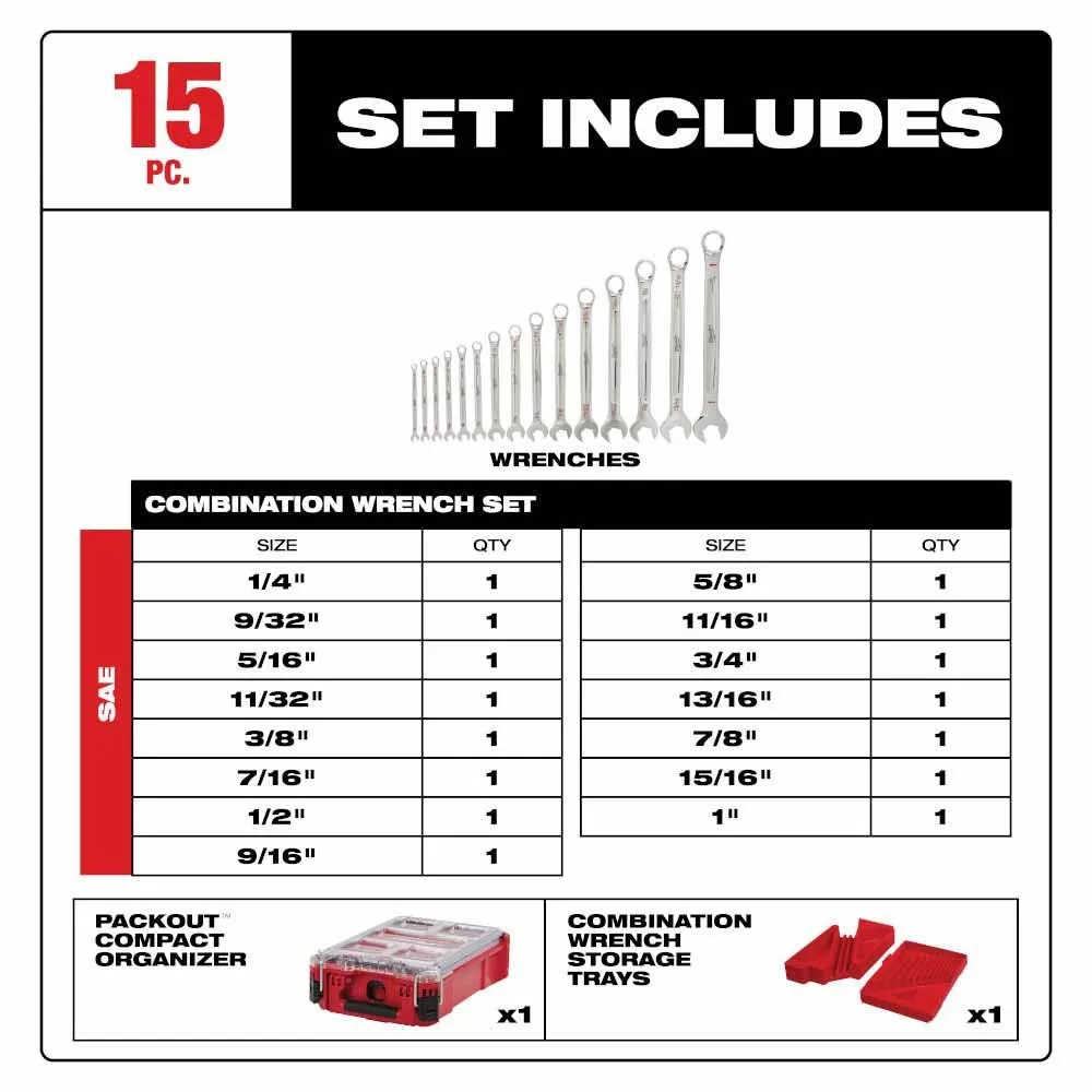 Milwaukee 48-22-9484 15pc SAE Combination Wrench Set with PACKOUT Compact Organizer