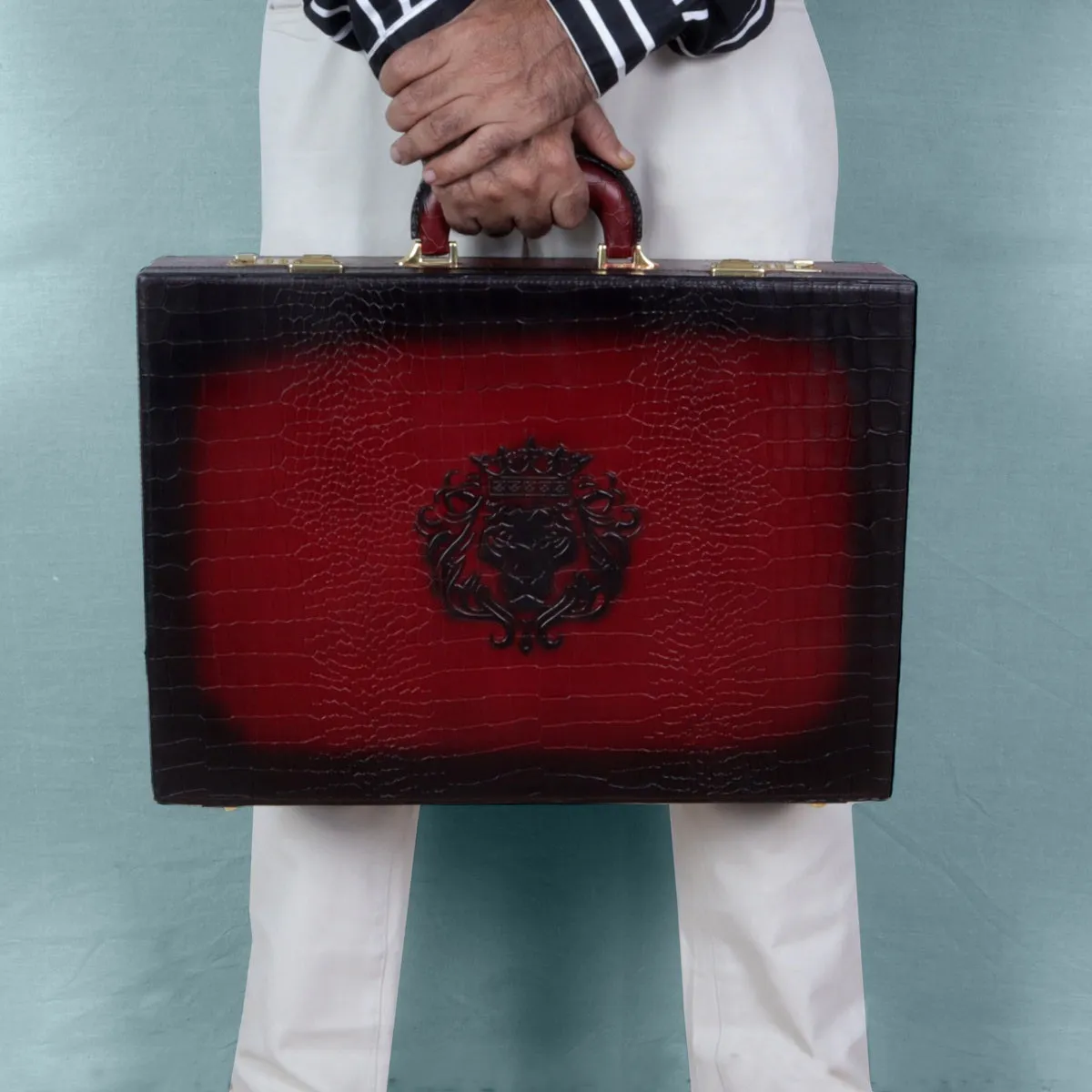 Multi-Functional Office Briefcase in Wine Croco Textured Leather with Embossed Lion