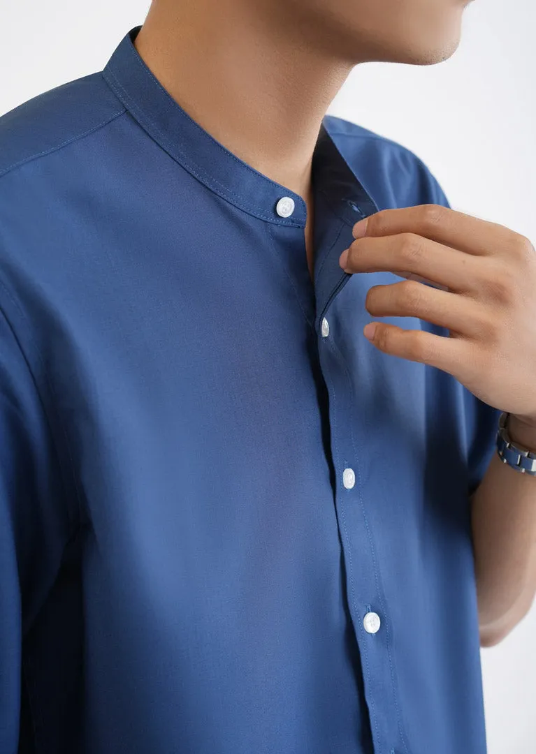 Navy 3/4-Sleeve Shirt with a Mandarin Collar - Item 1058