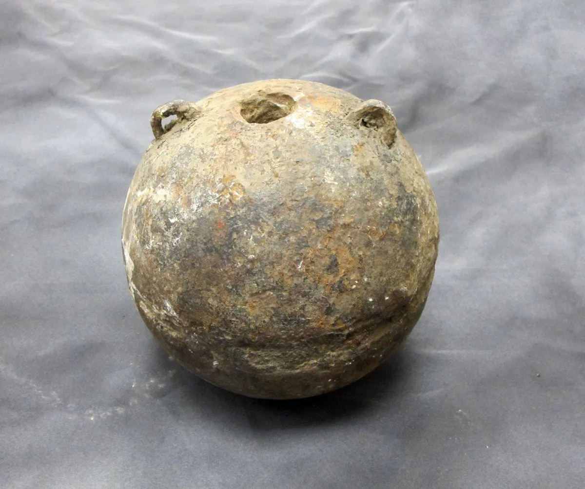 Original 18th Century Explosive Iron Mortar Ball with Lifting Rings