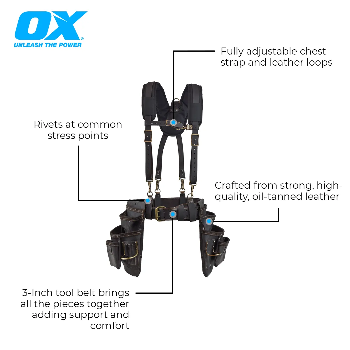 OX TOOLS Pro Full Four Piece Framing Rig with Suspenders, Belt & Pouches | Top Grain Oil-Tanned Leather