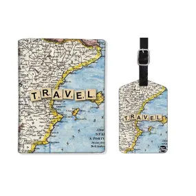 Passport Case Leather with Single Luggage Tag - Travel Map