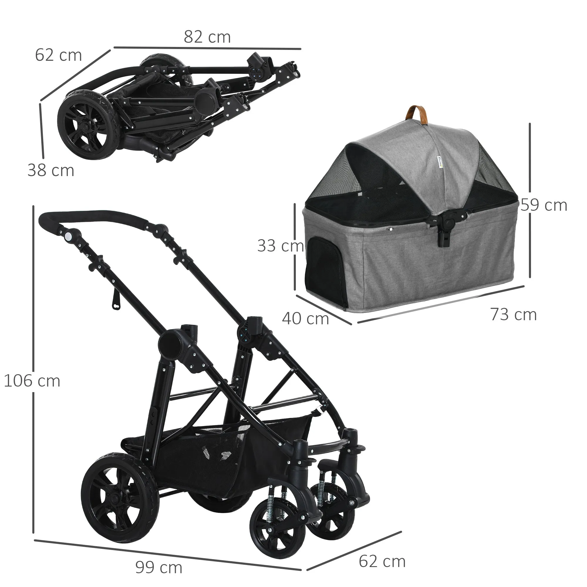 PawHut Dog Stroller Pushchair Detachable Pet Carrier Carrying Bag Foldable Trolley Shock absorbing System Adjustable Handlebar for Small Dogs Grey