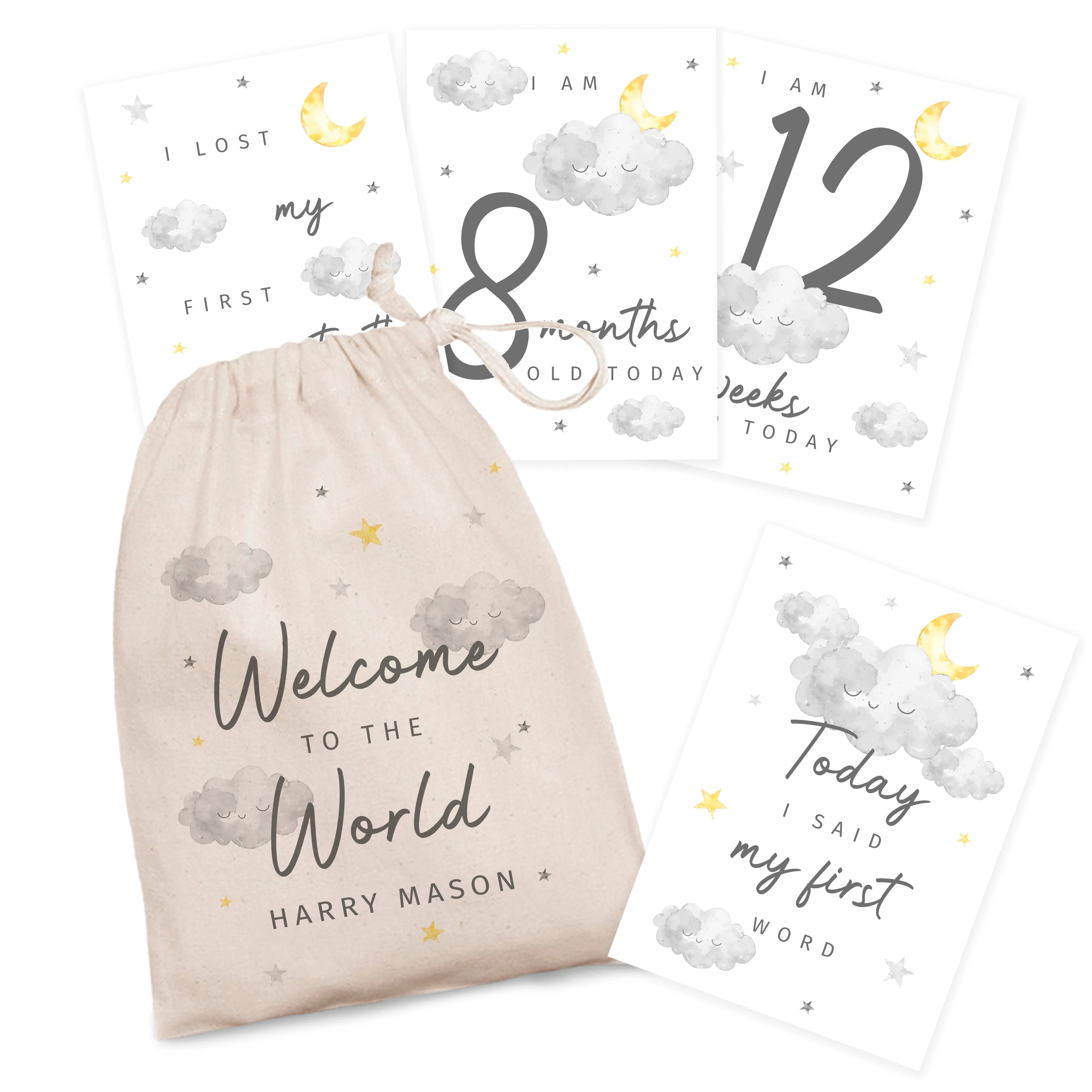 Personalised Cloud Baby Milestone Cards in Drawstring Bag