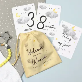 Personalised Cloud Baby Milestone Cards in Drawstring Bag