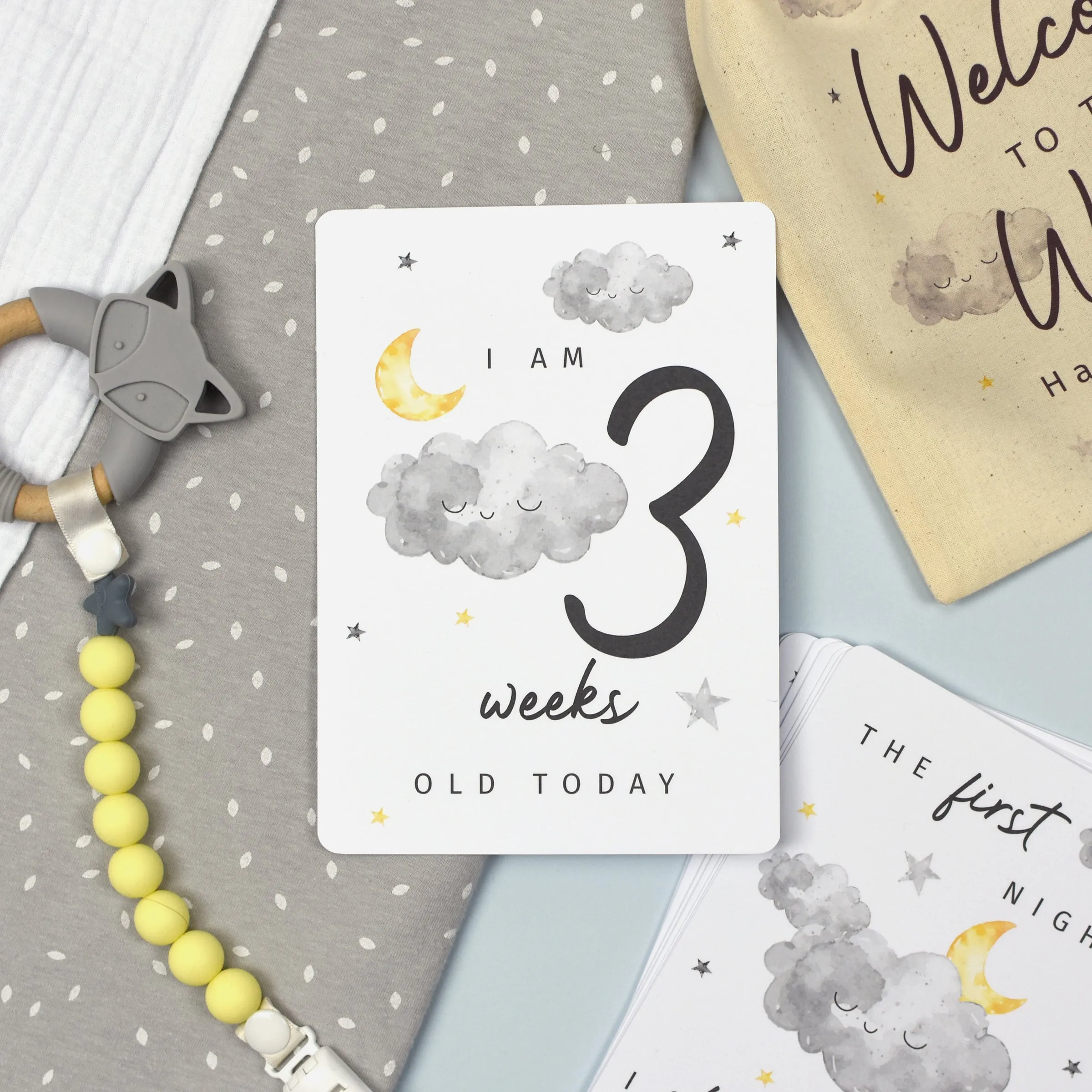 Personalised Cloud Baby Milestone Cards in Drawstring Bag