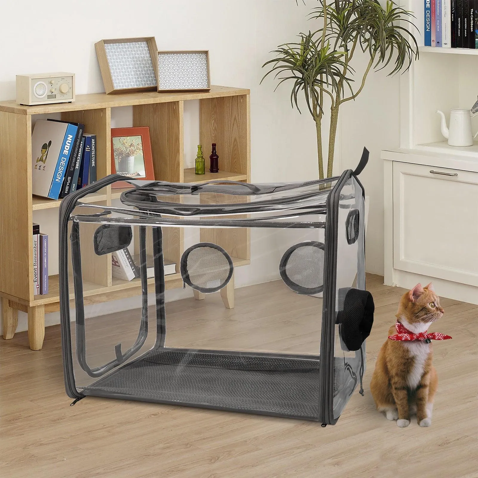 Portable Pet Dryer Box Foldable Dog Crate Dryer Cage with Transparent PVC, Gray