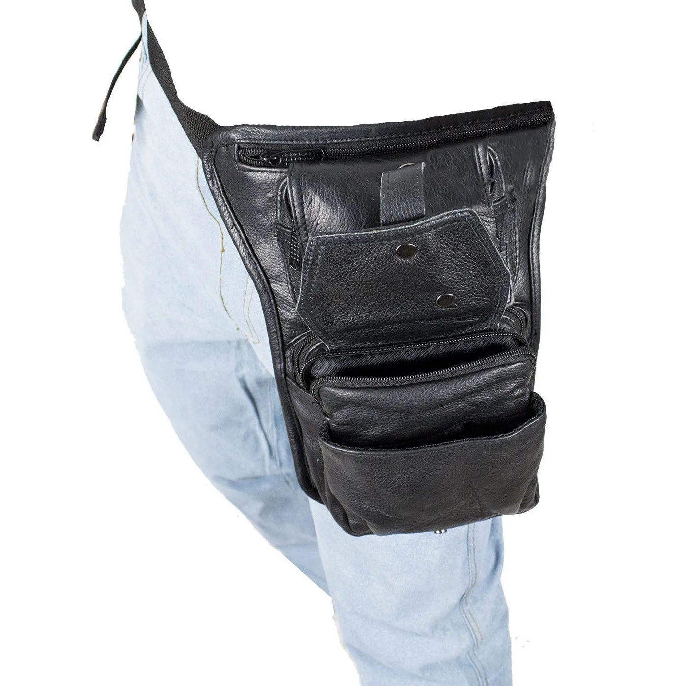 Premier Black Leather Multi Pocket Thigh Tactile Leg Bag with Gun Pocket