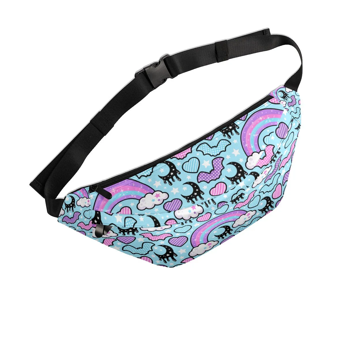 Rainbow Spooky Bats Blue Large Fanny Pack Bag