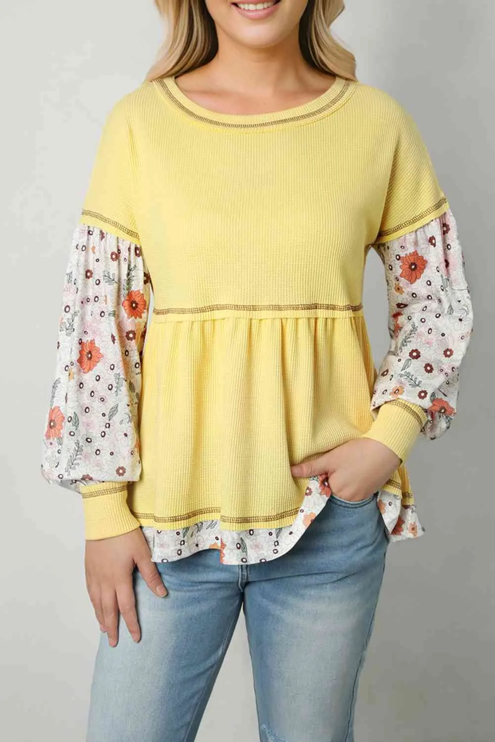 Round Neck Long Sleeve Babydoll Blouse