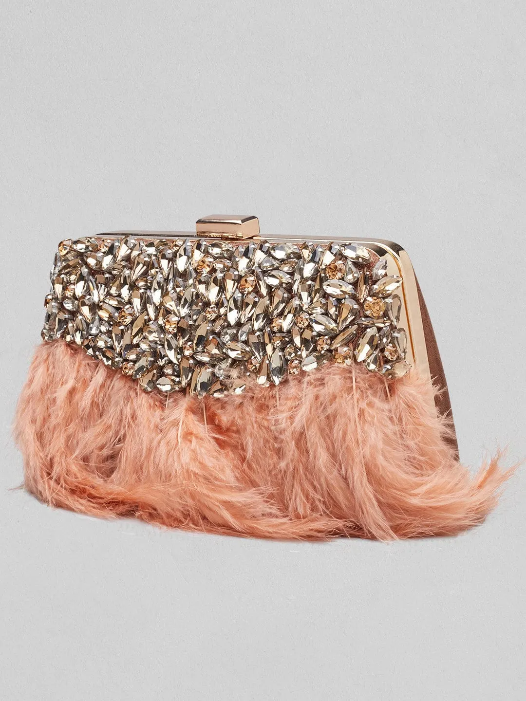 Rubans Brown Colour Clutch Bag With Studded Stone And Brown Fur.