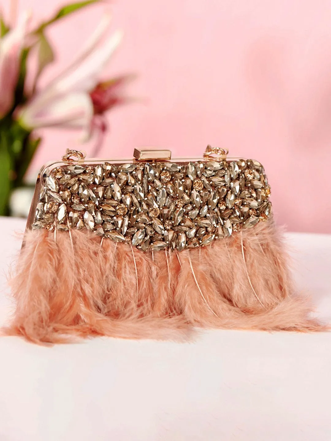 Rubans Brown Colour Clutch Bag With Studded Stone And Brown Fur.