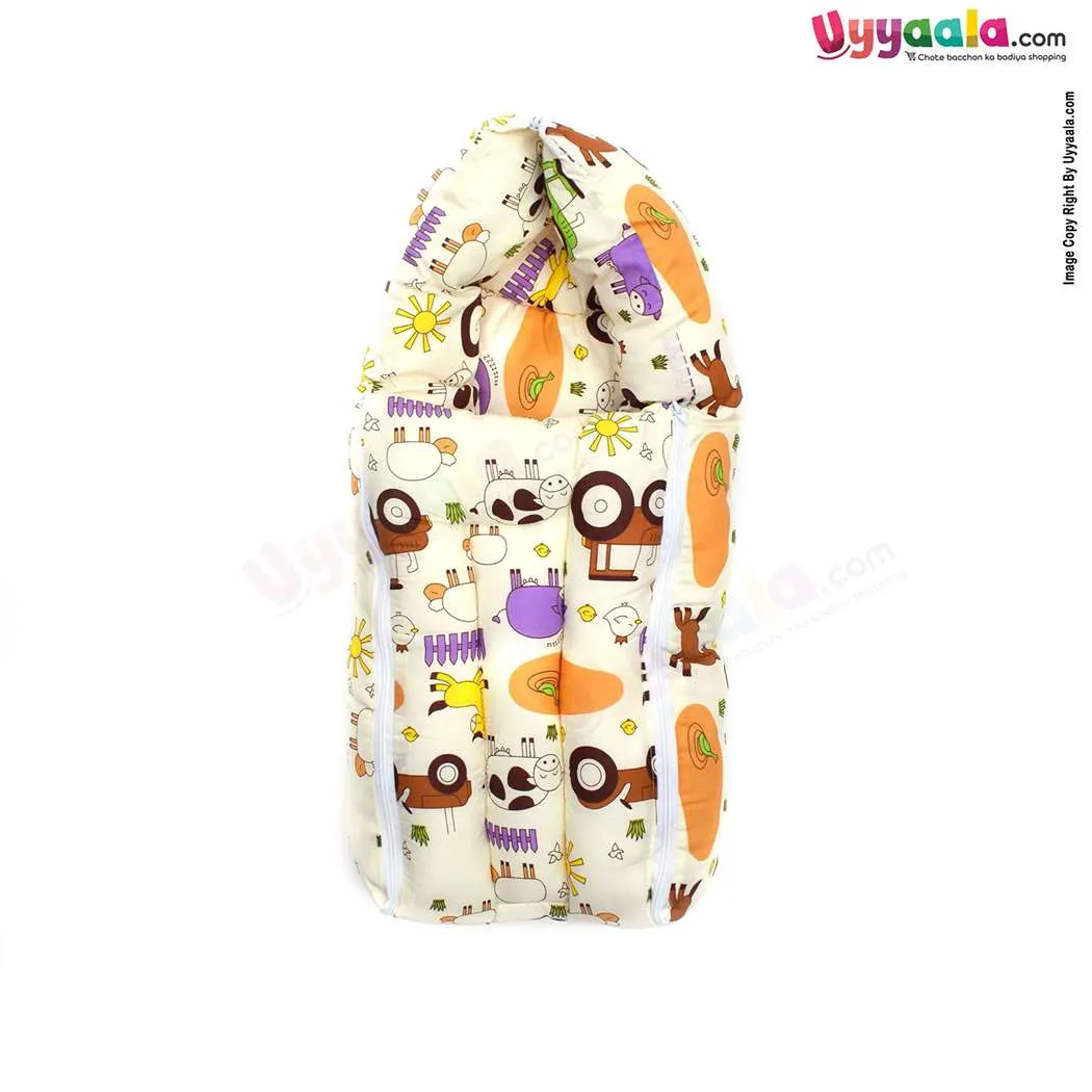 Sleeping Bag(Carry Nest) Premium Cotton Cow & Car Print 0 m Age, Cream