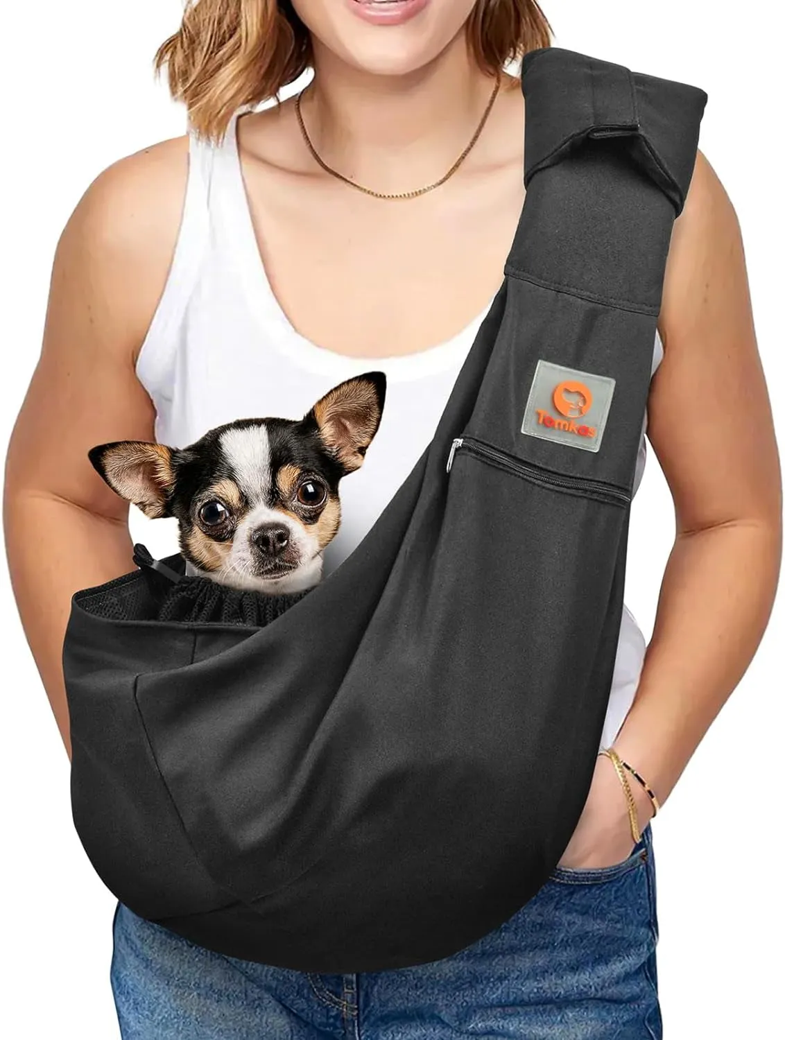 Small Dog Sling Carrier - Adjust. Strap & Zip Pocket - Suitable for Puppies (Black)