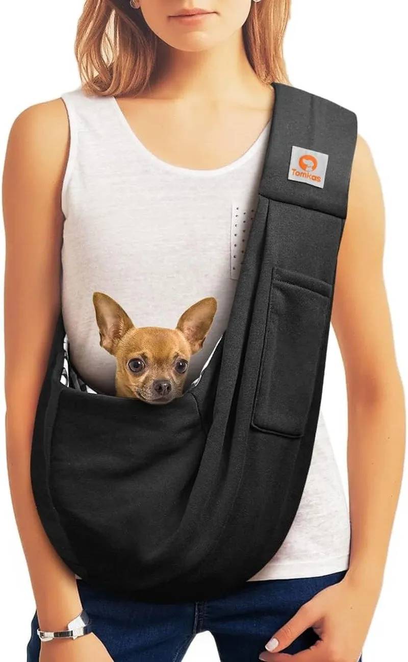 Small Dog Sling Carrier - Adjust. Strap & Zip Pocket - Suitable for Puppies (Black)