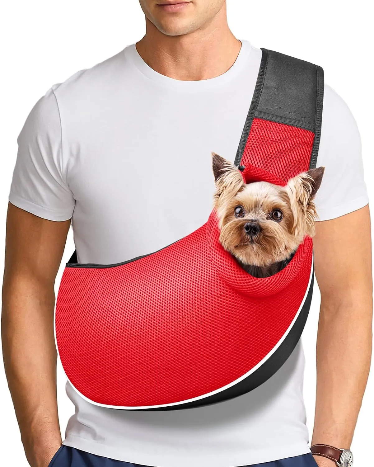 Small Dog Sling Carrier - Adjust. Strap & Zip Pocket - Suitable for Puppies (Black)