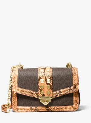 SoHo Large Studded Snake Embossed Leather and Logo Shoulder Bag