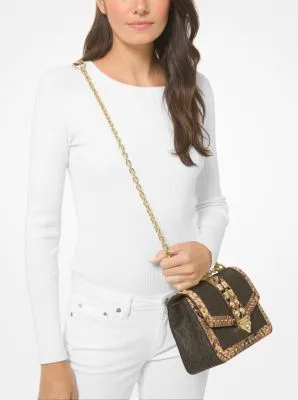 SoHo Large Studded Snake Embossed Leather and Logo Shoulder Bag