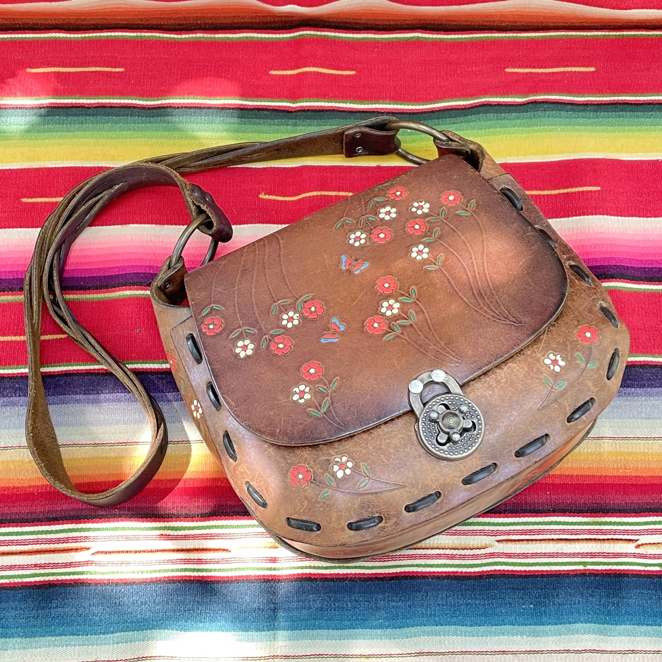 SOLD 60s/70s Tooled/Painted Flower/Butterfly Bag Inscribed Heather, Hippie Shoulder Bag