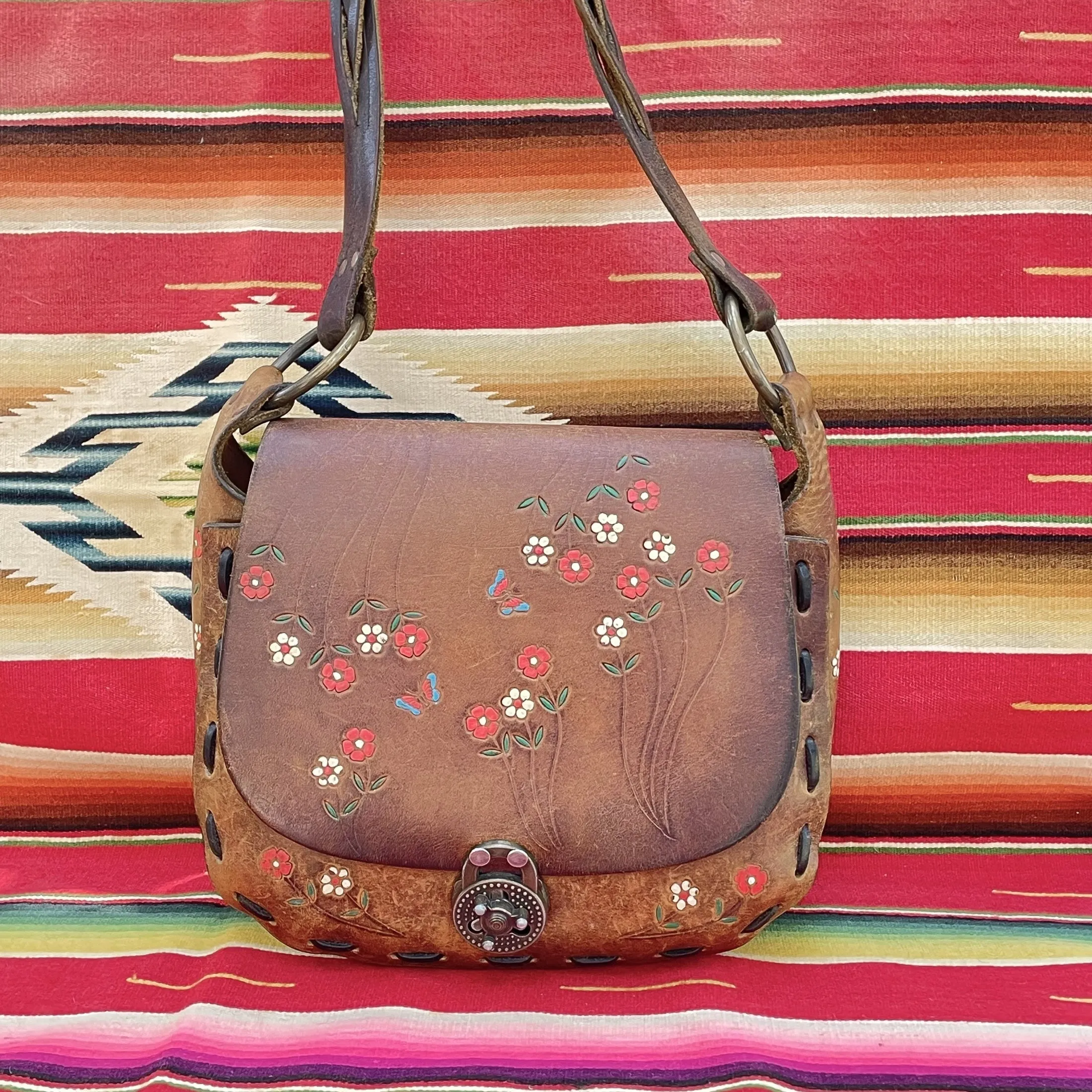 SOLD 60s/70s Tooled/Painted Flower/Butterfly Bag Inscribed Heather, Hippie Shoulder Bag